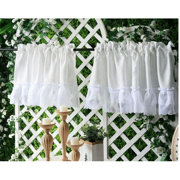 2 Panels White Lace Short Curtains Sheer Valance Drapes for Kitchen Windows Short Curtains Tiers for Bedroom Living Room