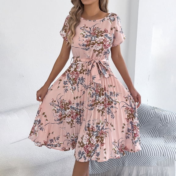 Haivin Women's Summer Trendy Comfy Floral Short Sleeve Midi Dress Casual Crew Neck Loose Fit Dresses Soft Print Daily Wear