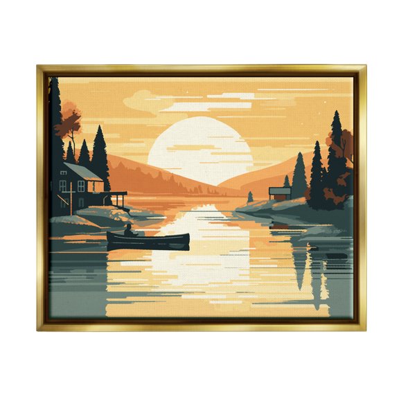 Stupell Industries Sunrise Lake Scenery Landscape Painting Gold Floater Framed Canvas Art Print Wall Art, 31 x 25