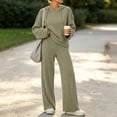 thumbnail image 6 of hoksml Women's Ribbed Knit Hooded Tracksuit 2 Piece Outfit, V Neck Long Sleeve Top and Wide Leg Pants Casual Loungewear Set, 6 of 8