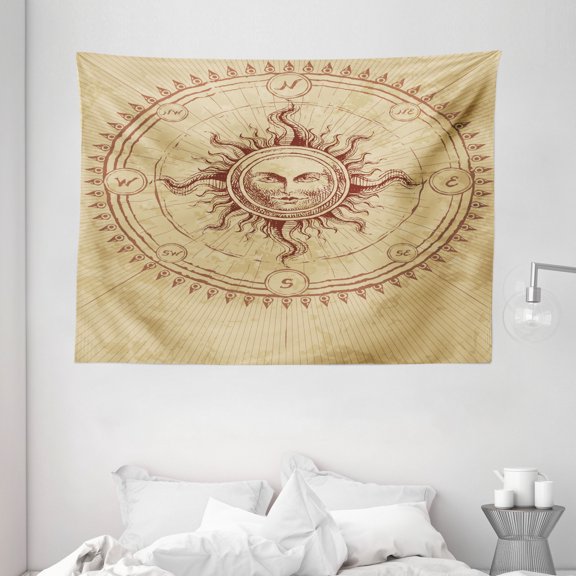 Ancient Decor Tapestry, Roman Sculpture like Face in Circle like Radiating Sun Antique Image Artwork, Wall Hanging for Bedroom Living Room Dorm Decor, 80W X 60L Inches, Light Brown, by Ambesonne