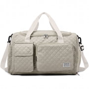 DAKIMOE Travel Duffle Bag for Women Men, Weekender Overnight Bags Carry on Gym Bag with Wet Pocket/Adjustable Strap/Shoe Compartment, Foldable Waterproof Duffel Tote for Plane Sports Dance, Ivory