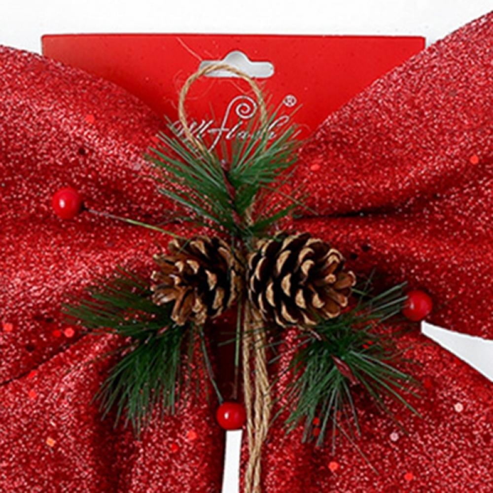 4pcs Christmas Decorative Bow Christmas Tree Glitter Bow Xmas Bows Ornament with Pinecone Red Bows for Wreath Garland Treetopper Christmas Party Gifts Home Indoor Decor 9.8 x 11.8in