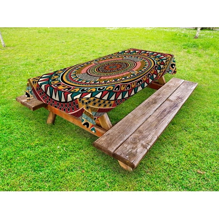 Tribal Outdoor Tablecloth, African Folkloric Tribe Round Pattern with Ethnic Colors Aztec Artwork, Decorative Washable Fabric Picnic Table Cloth, 58 X 84 Inches,Jade Ruby and Mustard, by Ambesonne