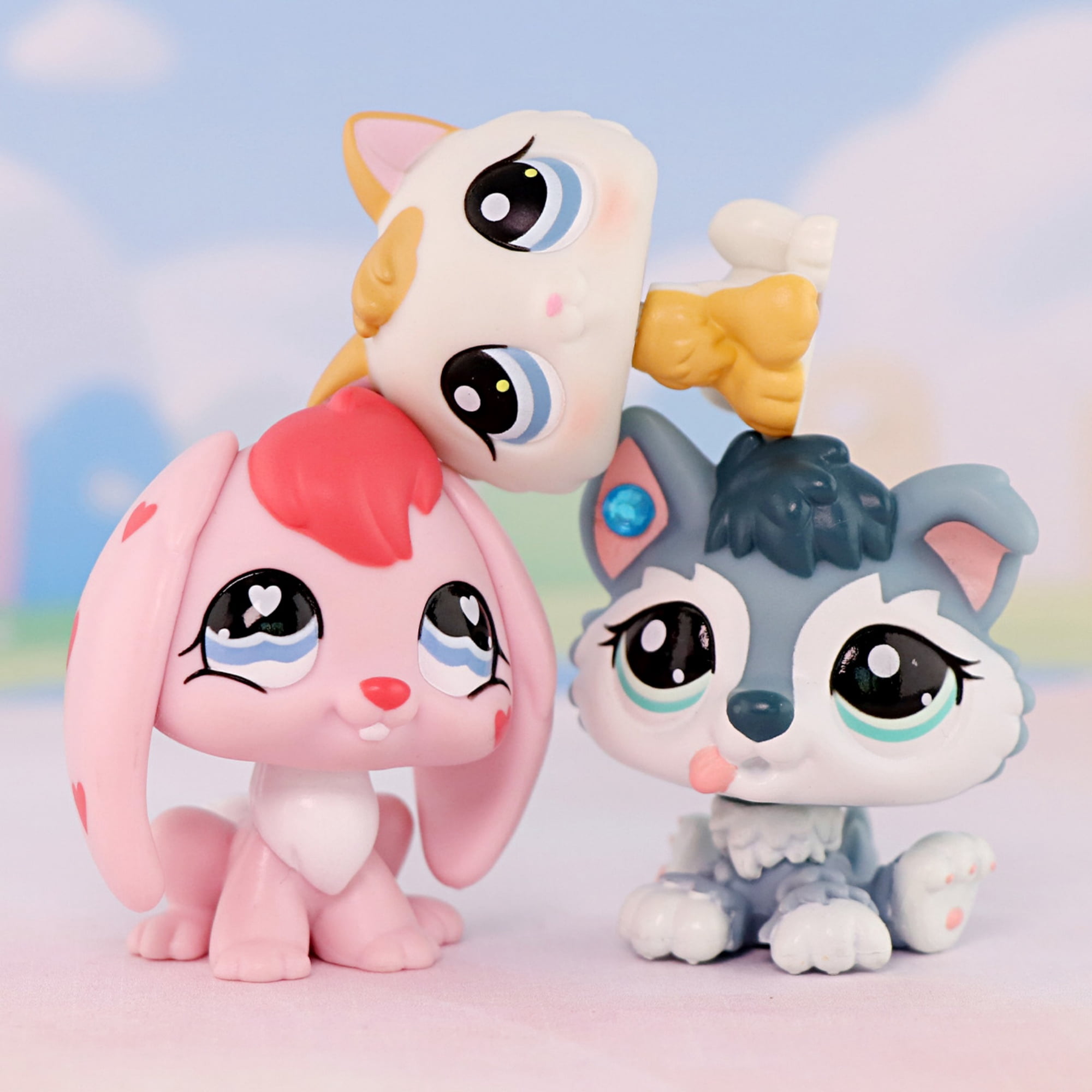 3lot Mini Pet Toys Kitten Cat #134 Husky Puppy #2036 Bunny Rabbit #557,Cartoon Animal Figurines Easter Gift for Kids