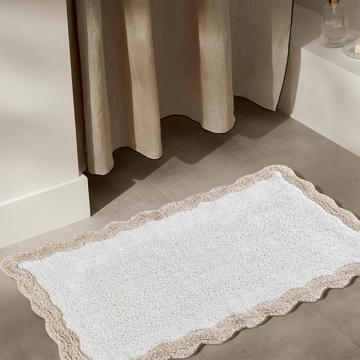 Savi Home Cotton Scalloped Bath Mat with Anti-Skid Backing, Beige, 20" x 32"
