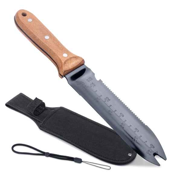 WILLKOMMEN Hori Hori Garden Knife- Garden Tools with Oxford Cloth Sheath, 7" Stainless Steel Blade,Full Tang Beechwood Handle, Ideal for Transplanting, Division, Weeding & Root Care (Forked Tip)