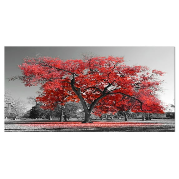 Designart 'Big Red Tree on Foggy Day ' Landscape Canvas Art Print