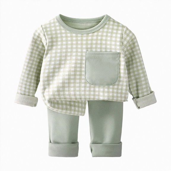 Gerichy Baby Boys Girls Plaid Set Round Neck Long Sleeve Cotton Tops Shirts Set Winter Home Elastic Waist Pants Comfy Lightweight 9M-12T