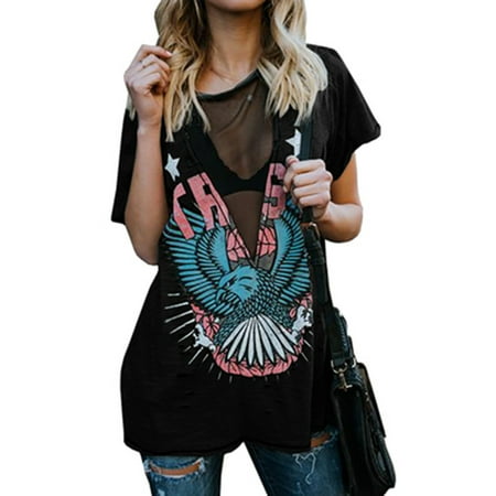 Women's Punk Rock N Roll Eagle Print T-Shirt Casual V-Neck Short Sleeve