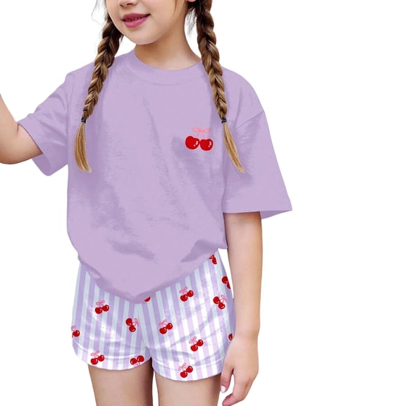 CCRFTGI Summer Clothes for Child Girls Size 8 Cute 2 Piece Outfits Lounge Set Athletic Bow Cherry Print Short Sleeve Tee Top and Waist Shorts Clothing Sets Purple 7-8 Years
