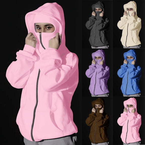 Women's Balaclava Hoodie Zip Up Jacket with Mask Double Hooded Sweatshirt Wind Coat for Casual Streetwear Loungewear Winter Outdoor Fashion Essential Gift for Women | Aestivo,Beige L
