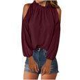 thumbnail image 2 of Fanxing Ladies Cold Shoulder Tops Trendy Ruffled Long Sleeve Shirts Loose Fit Tunic Blouses Solid Color Tunic Tees Shirt Wine,L, 2 of 7