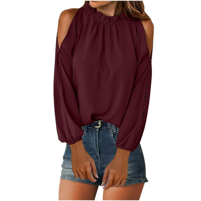 aidice Tops for Women Casual Round Neck Ruffle Long Sleeve Ruched Cold Shoulder Solid Color Blouses Tops