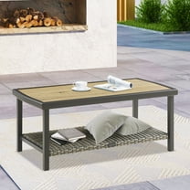 Iwicker Outdoor Wicker Coffee Table, 2-Tier Storage Shelf Rectangle Table for Patio, Brown