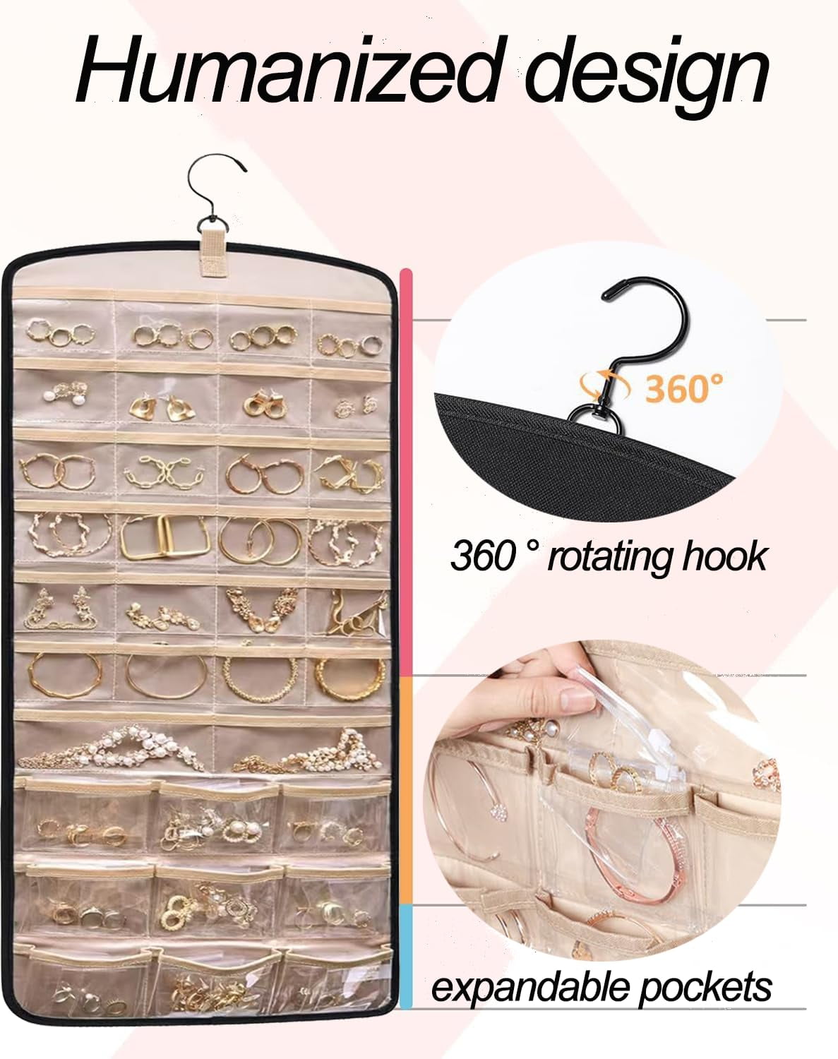 Hanging Jewelry Organizer with 39 Pouches, 36 Necklace Hooks, Double Sided Necklace holder