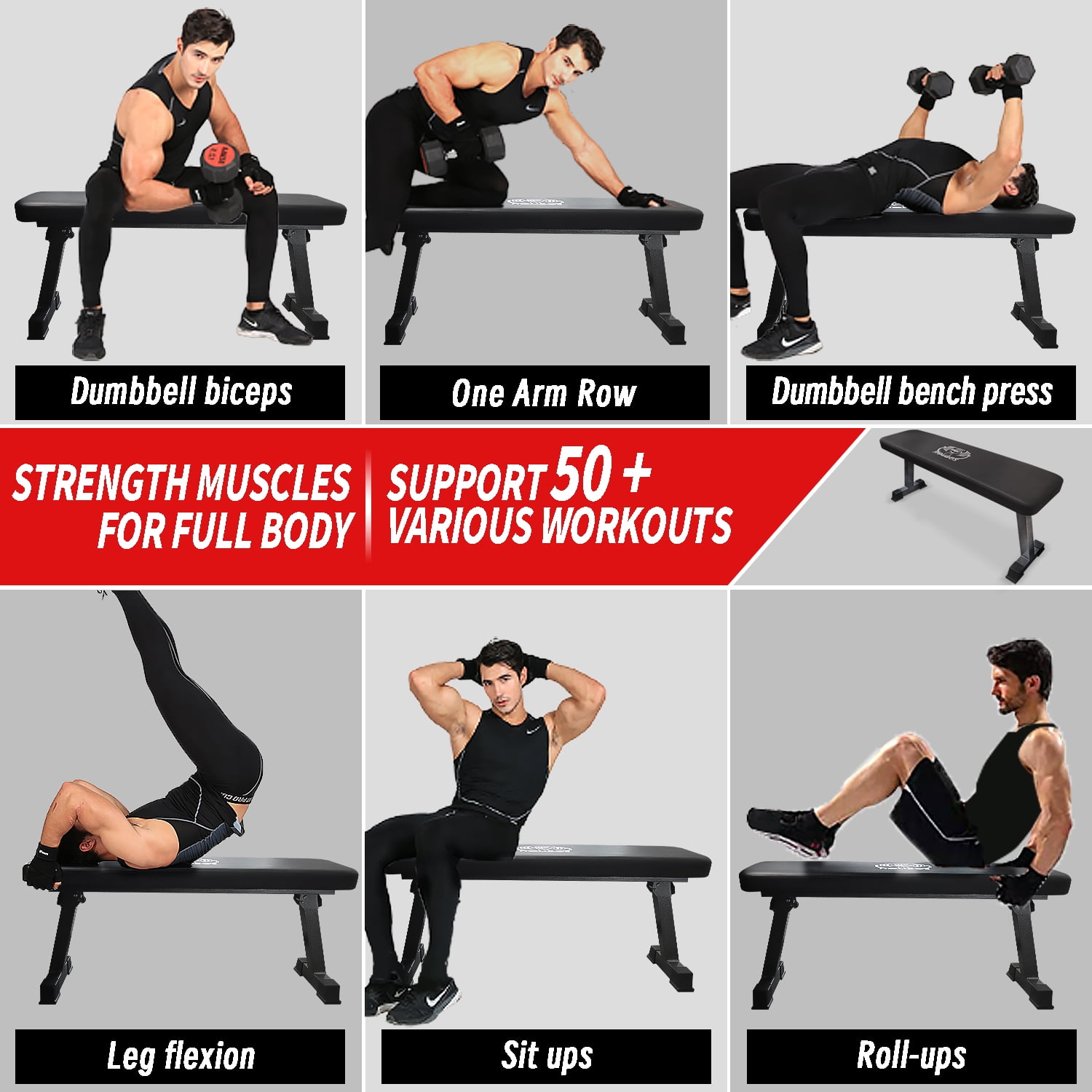Flat Weight Bench for Home Gym, Adjustable Multi-Purpose Weight Training and Ab Exercises 1000lb Capacity