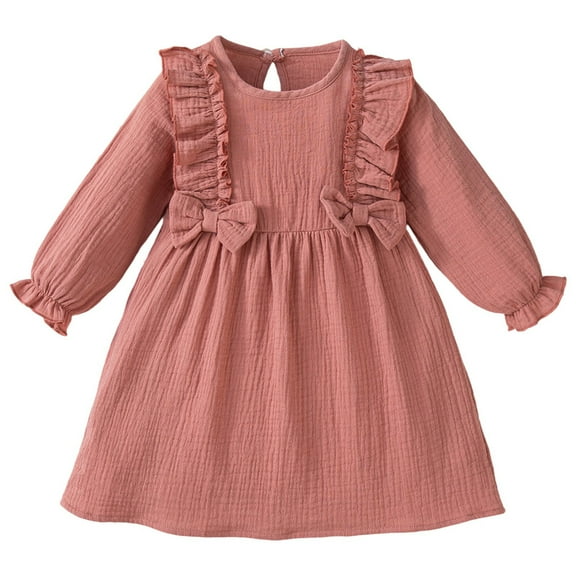 MEZZALL Autumn Long Sleeve Girls Dresses O-Neck For Toddler Kids Floral Print Xmas Party Gown With Bow Belt Casual Outfits Holiday Attire For Ages 2-7 Years Breathable Child Sundress