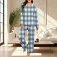 thumbnail image 5 of Women's Plaid Pajama Set, 2 Piece Loungewear Outfits V Neck Comfy Sleepwear Fall Long Sleeve Tops and Long Pants New Fall Sets for Women Pants Light Blue XXL, 5 of 7