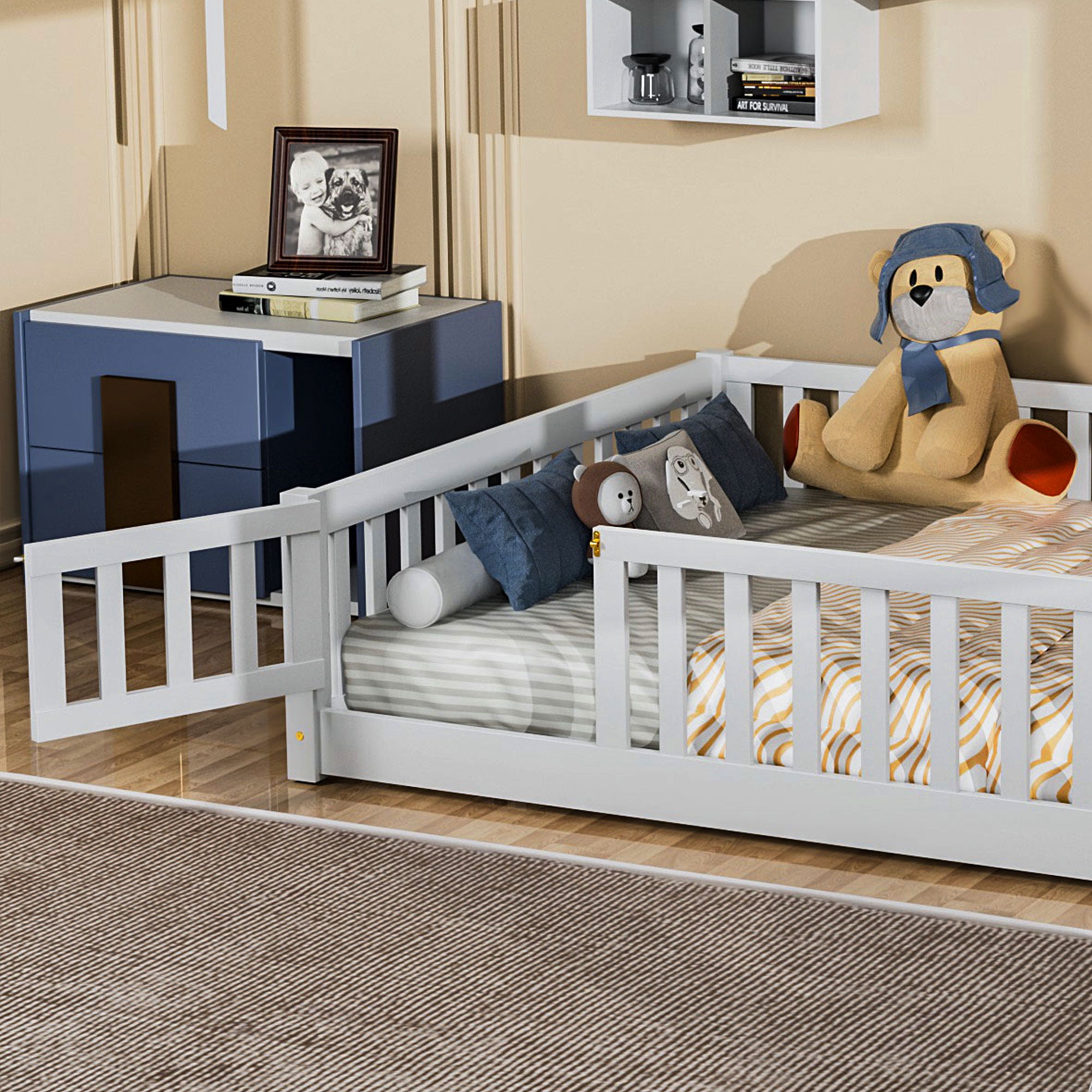Miniyam Full Size Toddler Floor Bed with Fence, White