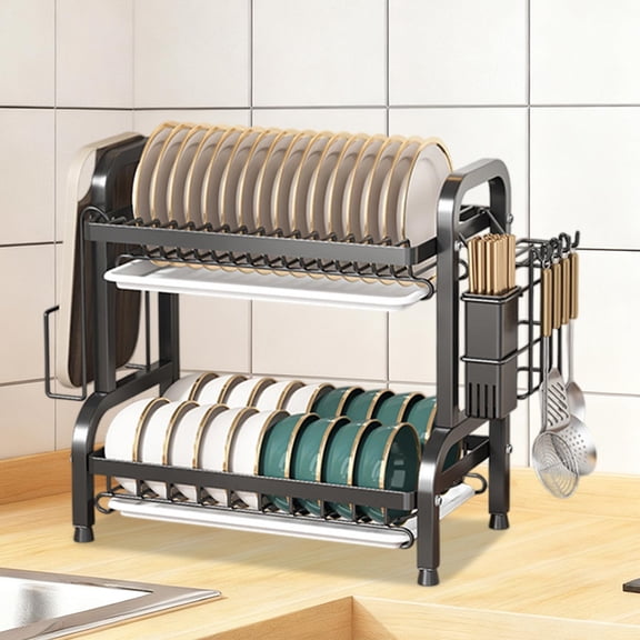 Japceit Kitchen Storage Rack, Countertop Dish Drainer with Utensil Holders, Multi-Functional Plate and Bowl Organizer for Sink Area, Cabinet Storage