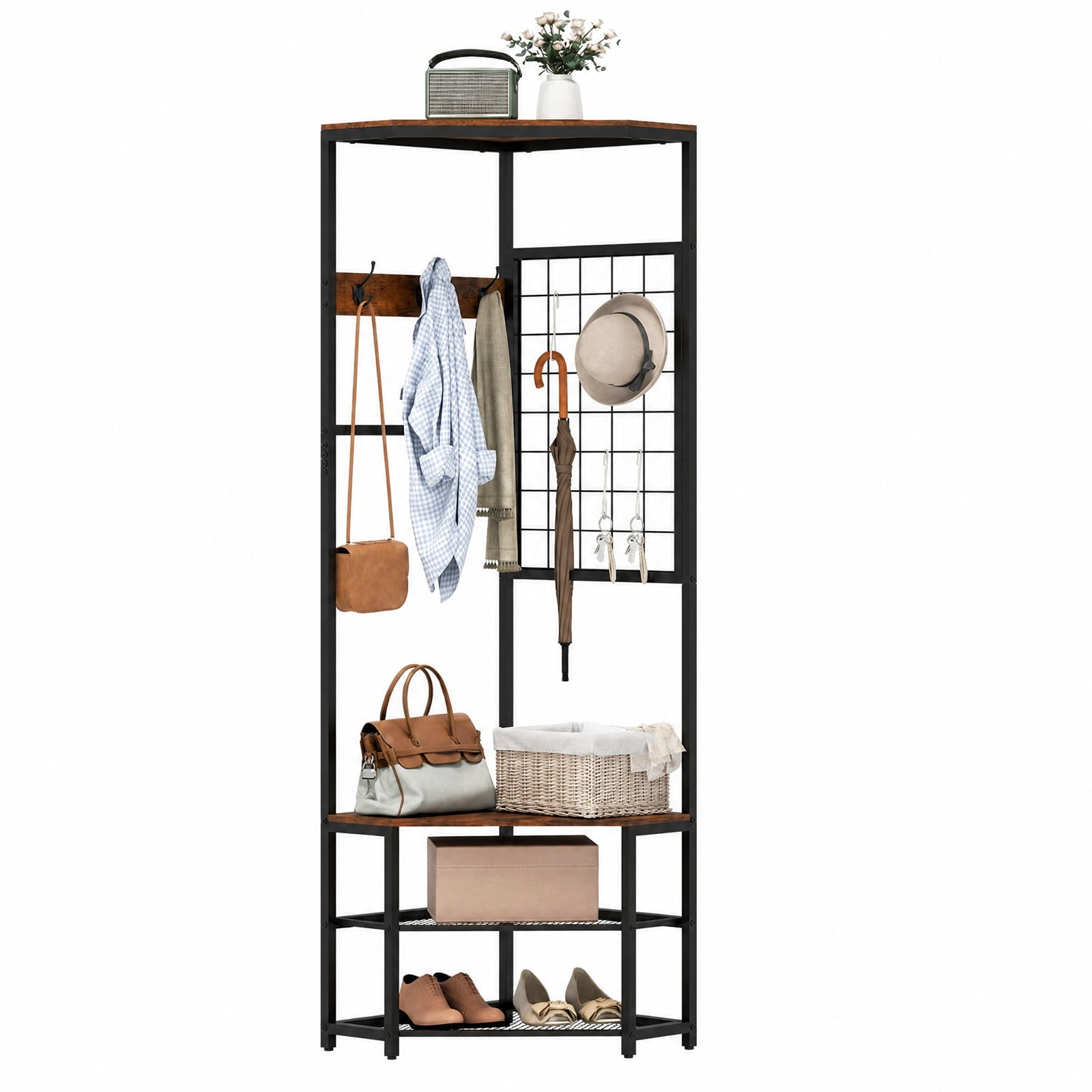 Furnibear Corner Freestanding Hall Tree Coat Rack with Storage Shelves and Removable Hooks for Entryway and Bedroom, Rustic Brown