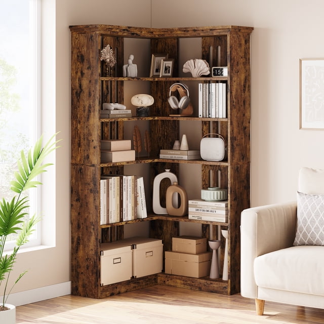 L Shaped Corner Bookshelf 5 Tier Large Wood Display Bookshelf 90° Corner Standing Bookcase