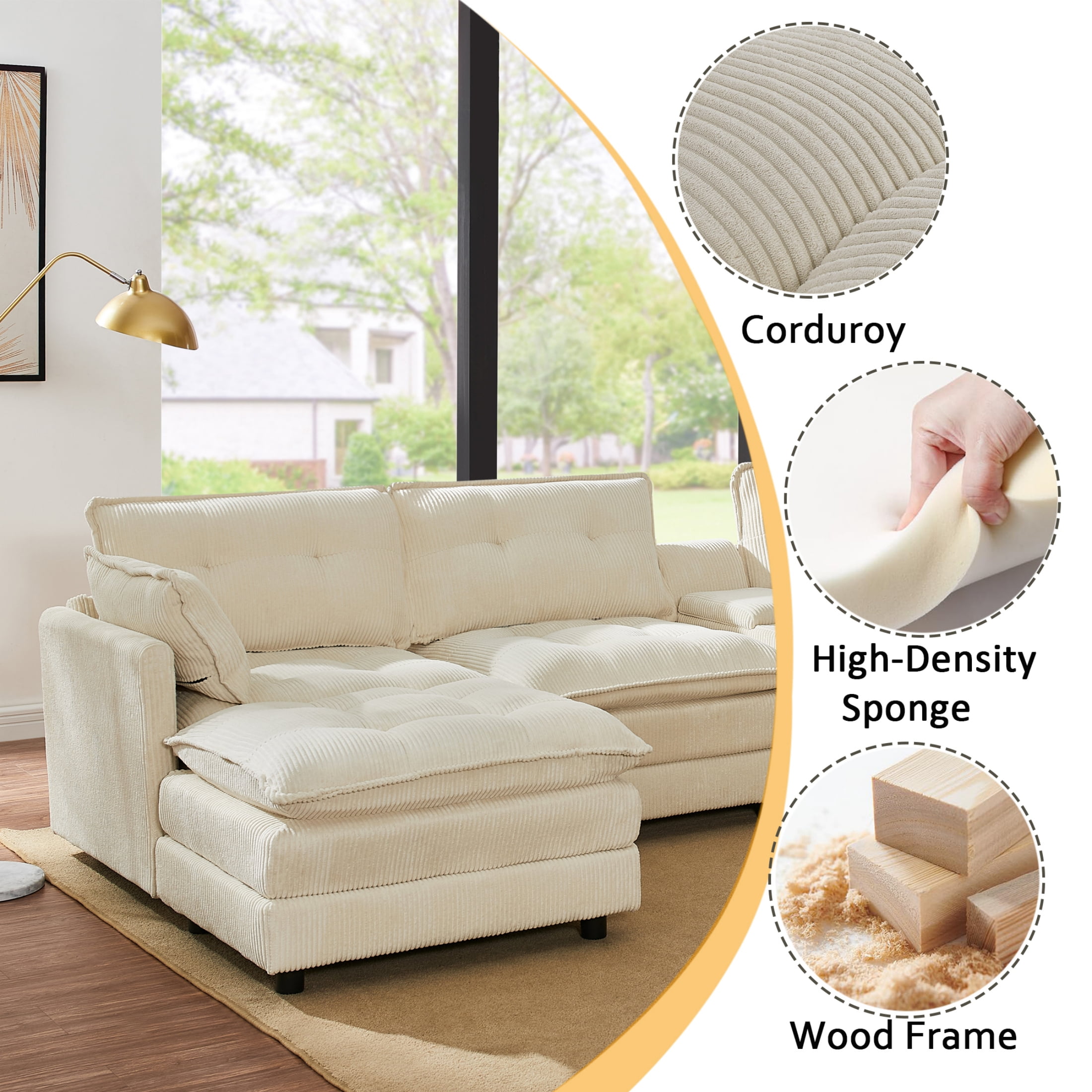 Anpport 154" U-Shaped Modular Sectional Sofa with 2 Removable Ottomans for Living Room, Corduroy, Beige
