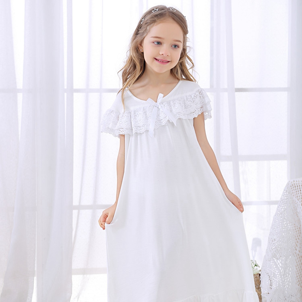 Girls Kids Princess Lace Nightgown,Short Sleeve Cotton Sleepwear