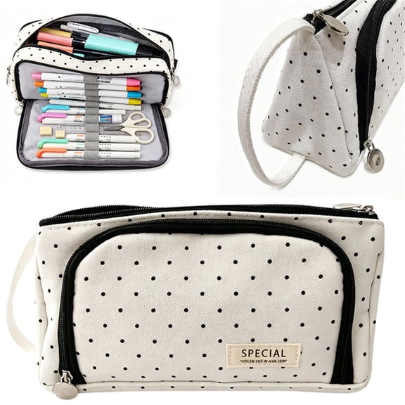 Large Capacity Pencil Case Polka Dot Pencil Pouch Multi Compartment Canvas Pencil Case Organizer Big Storage Pen Bag for Teens Supplies White Multi Pocket Pencil Case