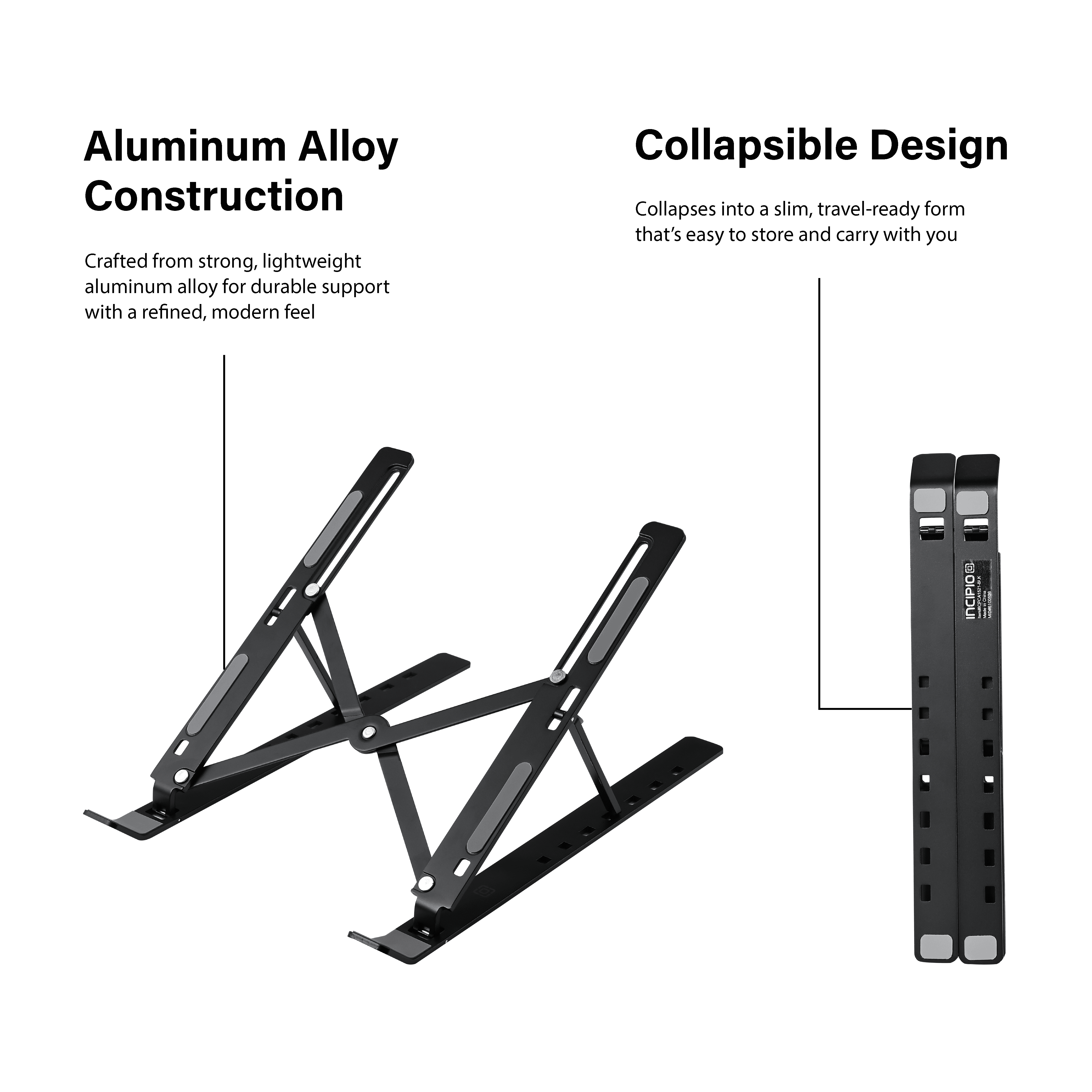 Incipio Portable Laptop Stand, Foldable Aluminum Laptop Riser with Adjustable Angles, Anti-Slip & Ventilated Design, Lightweight Travel Laptop Stand for Up to 16” Laptops & Tablets