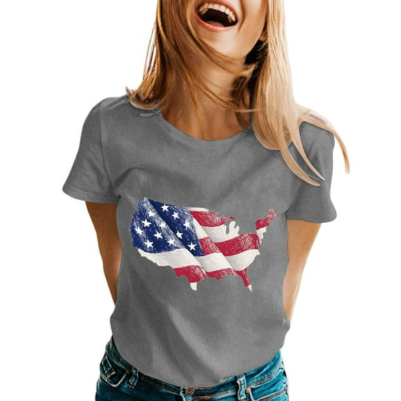 Pimfylm 4th of July Women Plus Size Shirts Graphic Tees USA Casual Oversized Short Sleeve Tops(Grey,L)
