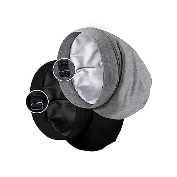wonima11 Satin Lined Sleep Cap Bonnet for Curly Hair and Braids, Stay On All Night Hair Wrap with Adjustable Strap for Women and Men, Black and Grey, Pack of 2