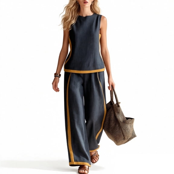 Costeam Womens Color Block Stripe Two Piece Matching Outfit Crew Neck Sleeveless Tank Top Side Slip Pockets Loose Full Elastic High Waist Wide Leg Pants Lightweight Set