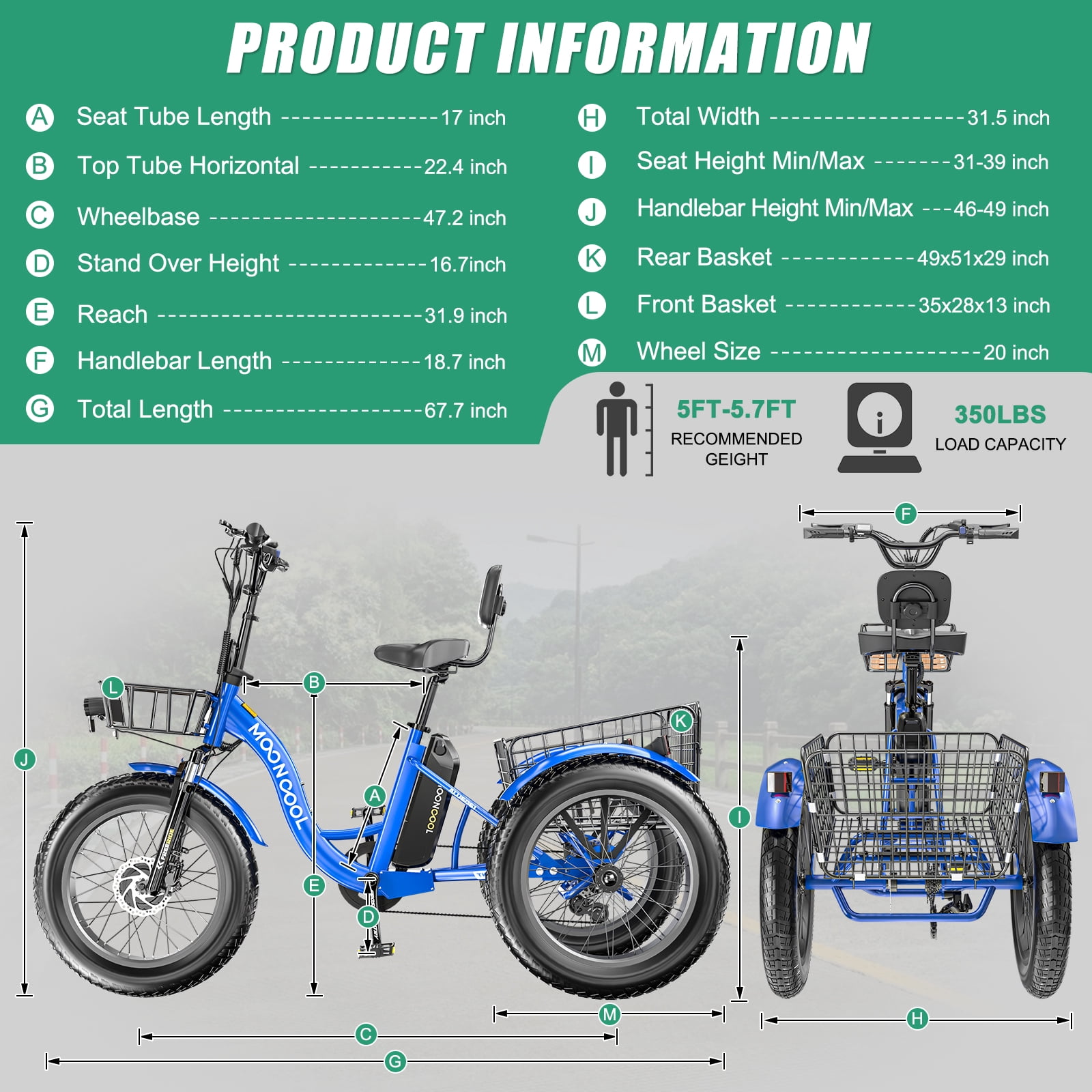 20" x 4" Fat Tire Electric Tricycle for Adult, 7 Speeds Electric Trike 48V 500W Motorized Tricycle , Electric Three Wheels Bicycle for Senior, Aluminum Frame & Rear Basket ,16mph