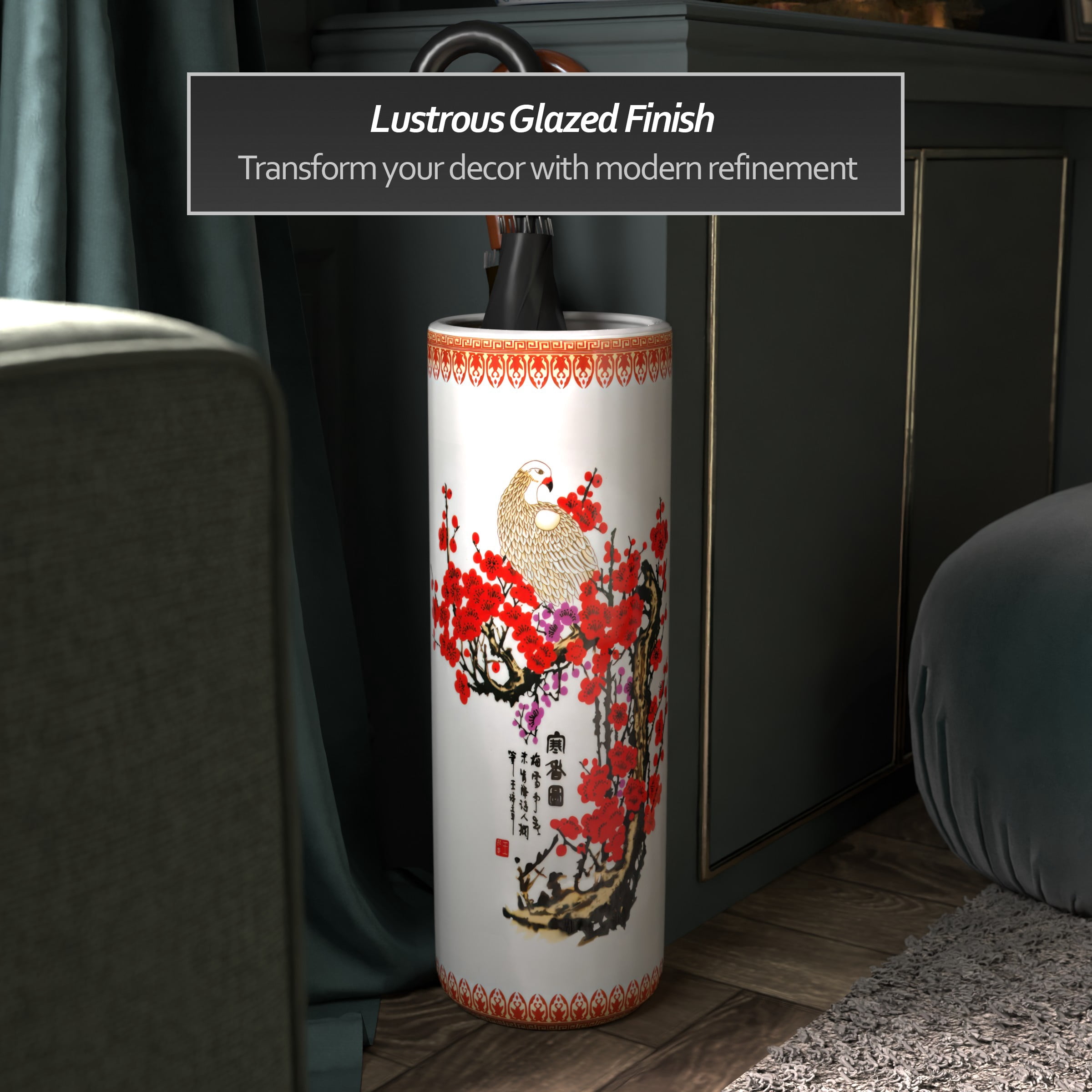 Red Lantern 24" Cherry Blossom Porcelain Umbrella Stand