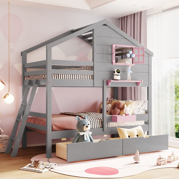 Twin over Twin Bunk Bed with 2 Drawers, 1 Storage Box, 1 Shelf, Window and Roof-Gray