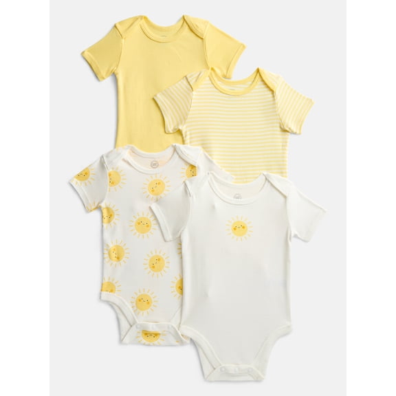 Wonder Nation Baby Boys or Girls Short Sleeve Cotton Bodysuit, 4-Pack, Sizes 0/3 Months-6/9 Months
