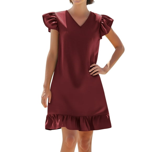 LOVZFMLL Summer Dresses for Women 2025 V Neck Cap Sleeve Ruffle Hem Smock Short Dress Casual Loose Solid Beach Sundress Wine XL