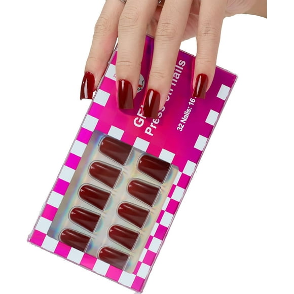 AIR-32 PCS Maroon Duck Nails Press on- Short Burgundy Fake Nails Quality Solid Glossy Gel Nail, 16 Sizes Glue On Nails Kit, Reusable False Nails with Mini Nail File for Women- Short Burgundy Duck