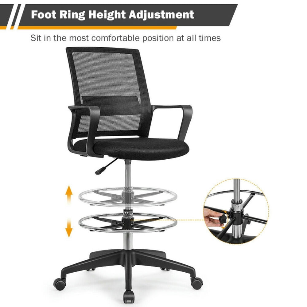 Demi Bonn Drafting Chair Tall Office Chair with Adjustable Height, Rolling Work Computer Desk Chair for Home, Bedroom, Study, Black