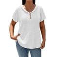 thumbnail image 2 of Siminsem Women's Casual Loose Fit V Neck Tunic Top Textured Short Sleeve Pullover with Button Decor Dressy Blouse Cute Lightweight Top for Spring and Summer, White, L, 2 of 5