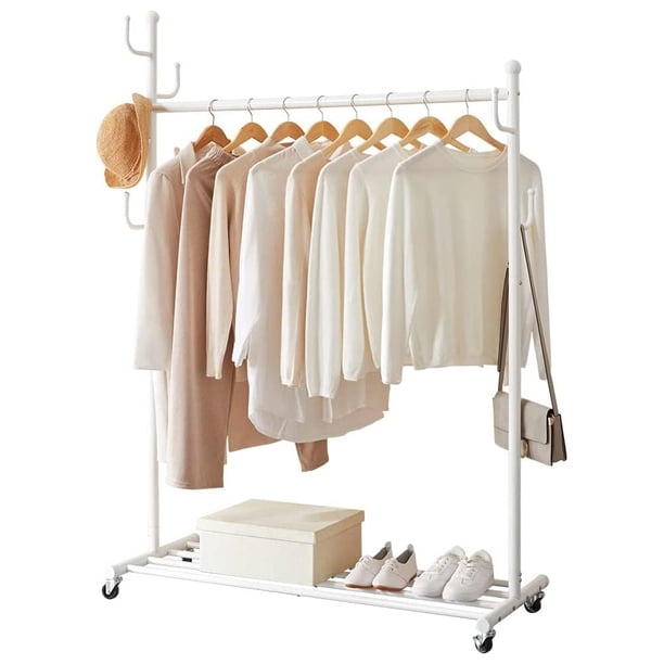 Rack Armable para Ropa Organizador Closet para Hogar Guardarropa con Ganchos, Perchero para Colgar Ropa con ruedas, Burro Ropa, blanco