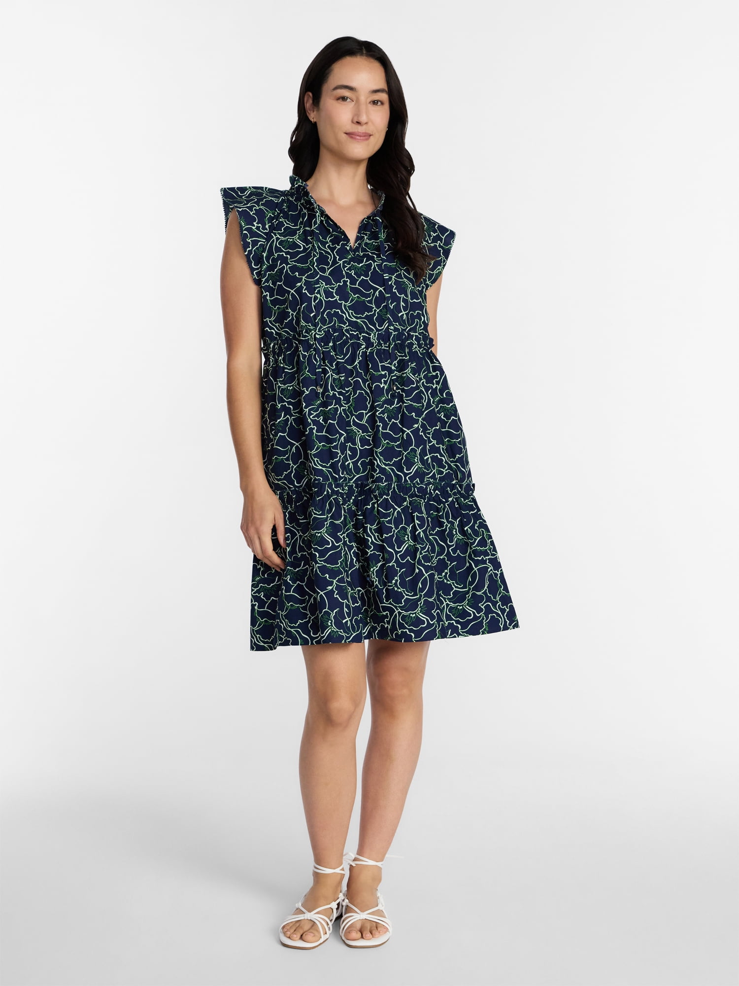 Time and Tru Women's and Women's Plus Tiered Cotton Mini Dress with Flutter Sleeves, Sizes XS-4X