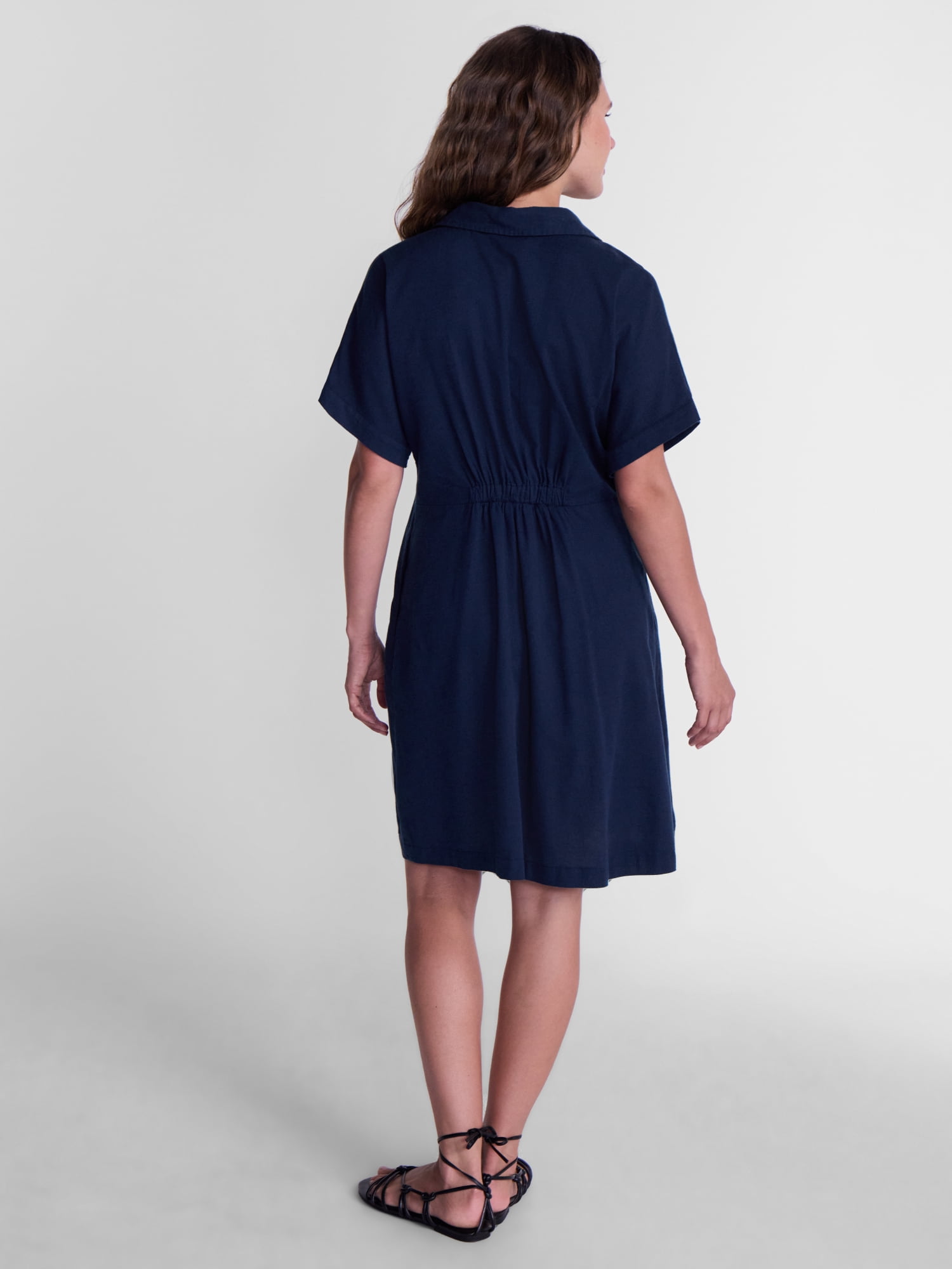 Time and Tru Women's Linen Blend Pleated Mini Shirtdress with Short Sleeves, Sizes XS-XXXL