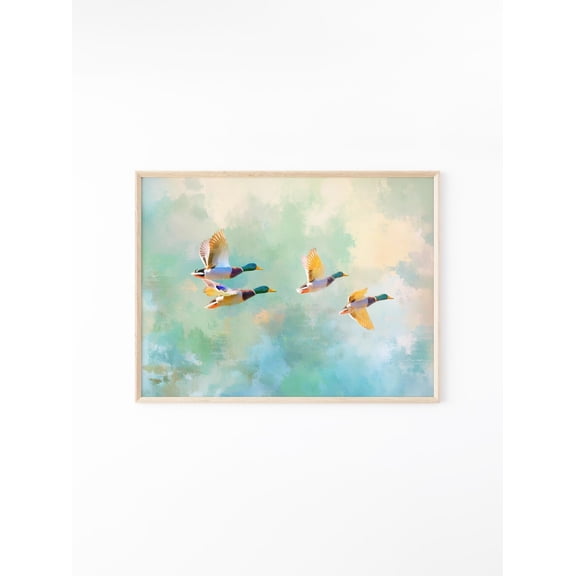 Mallard Ducks Flying Over Lake Vintage Pastel Nature Art V1, UNFRAMED Size 30x30