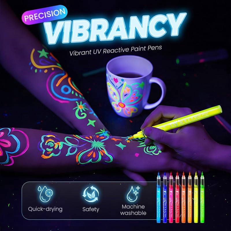 UV Neon Face Paint Markers 12 Colors, Glow in the Dark Body Paint Pens for Skin, Washable Temporary Tattoo Markers for Blacklight Parties Halloween Cosplay