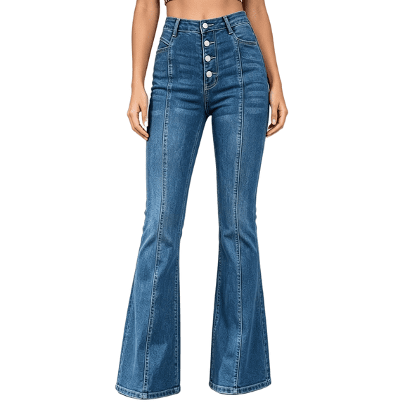 Women's High Waisted Flare Jeans, Medium Blue Wash, with Button Fly and Vertical Seam Details, Retro Stretch Denim Pants