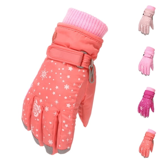 Bmisegm Kids Ski Snow Gloves Print Outdoor Skating Snowboarding Windproof Boys Girls Winter Gloves Ski Mittens Orange