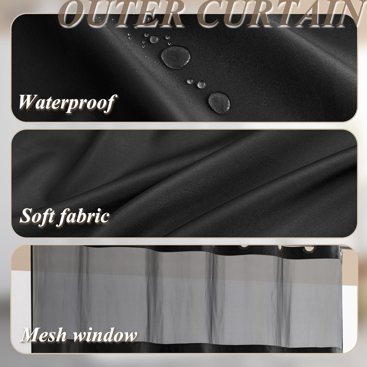 3 Pcs No Hook Black Shower Curtain Set with Chenille Bath Rugs - 71" x 74" Shower Curtain with Snap-in Fabric Liner & Non-Slip Water Absorbent Bathroom Mats Set Accessories
